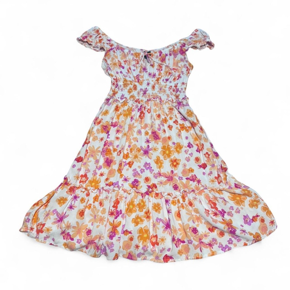 Wild Fable Floral Womens Dress Orange Pink and Purple Floral with puff sleeves